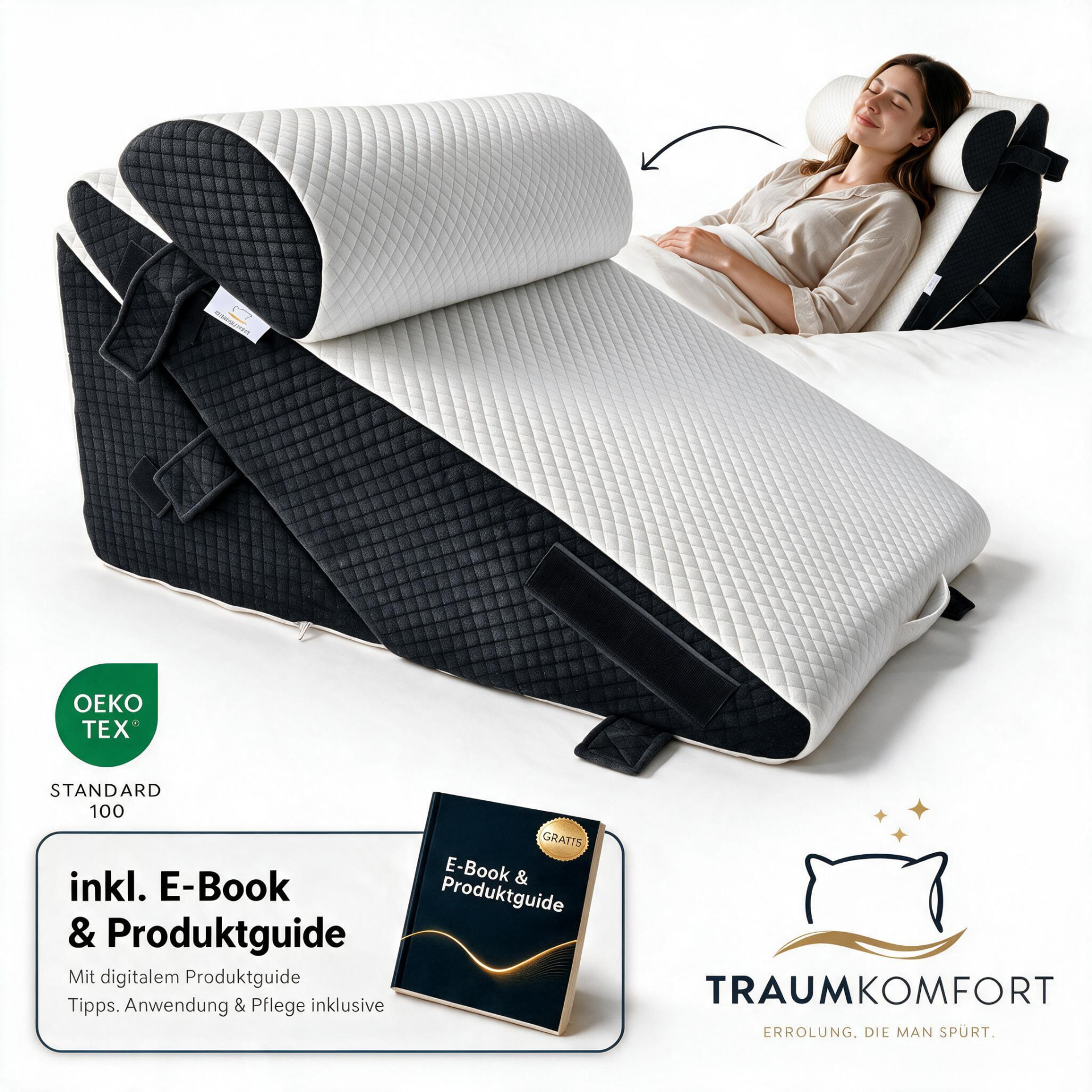 3-in-1-Keilkissen System in Schwarz und Weiß mit Nackenrolle auf einem Bett